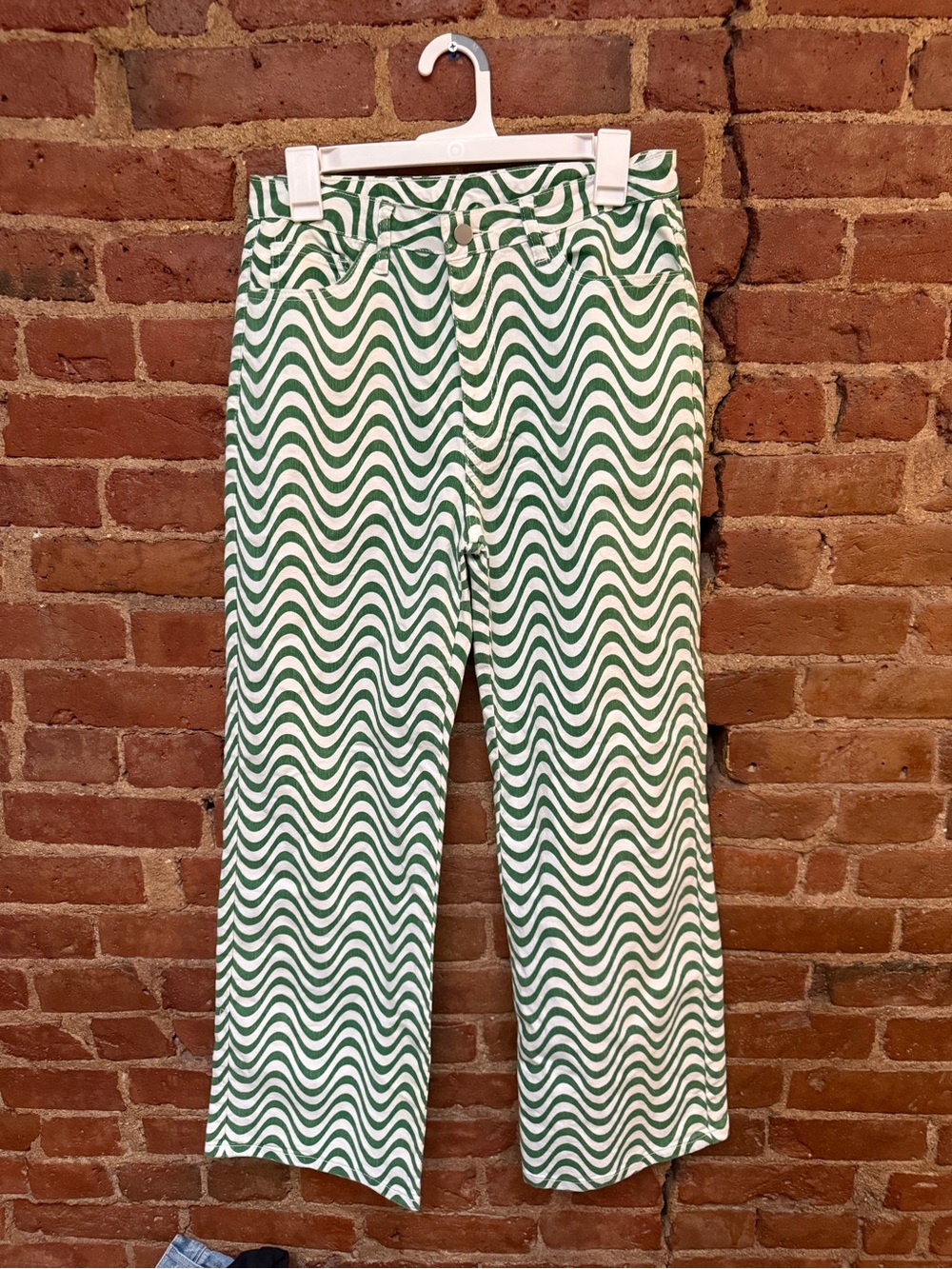 Green & White Wave Print Wide Leg Pants